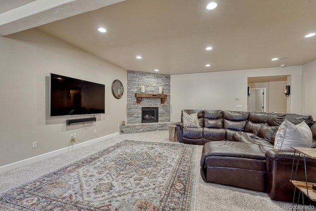 1250 Cottontail Trl, Woodland Park, CO 80863 - carpeted living area featuring recessed lighting and a stone fireplace