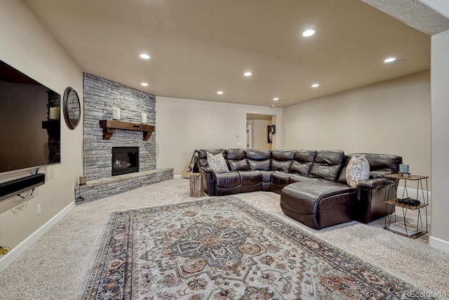 1250 Cottontail Trl, Woodland Park, CO 80863 - carpeted living room with recessed lighting and a stone fireplace