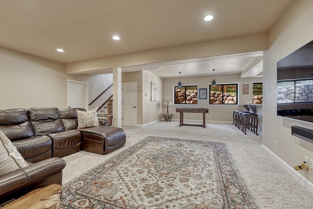 1250 Cottontail Trl, Woodland Park, CO 80863 - living room featuring carpet, recessed lighting, and stairway