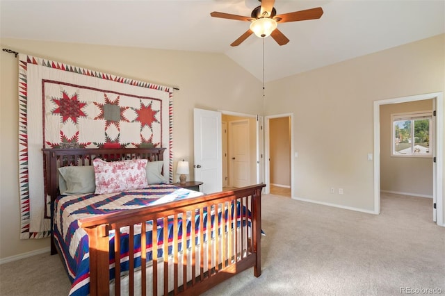 carpeted bedroom featuring ceiling fan and lofted ceiling