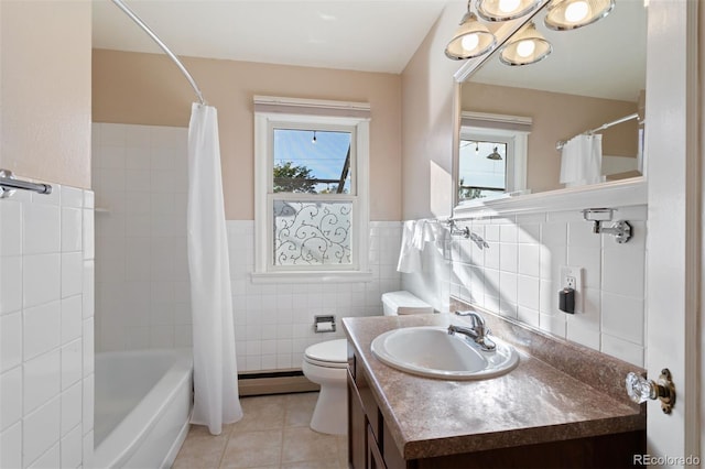 full bathroom featuring toilet, tile walls, tile patterned flooring, vanity, and shower / bathtub combination with curtain