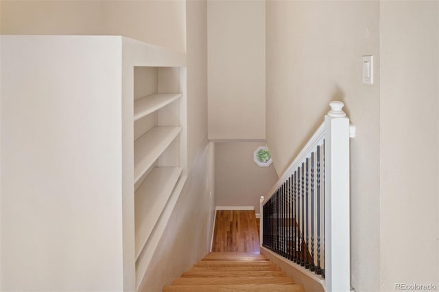 stairway with wood-type flooring and built in features