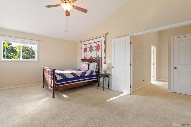 bedroom featuring ceiling fan, light carpet, and lofted ceiling