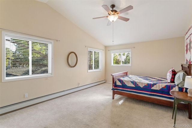 bedroom featuring ceiling fan, a baseboard radiator, and vaulted ceiling