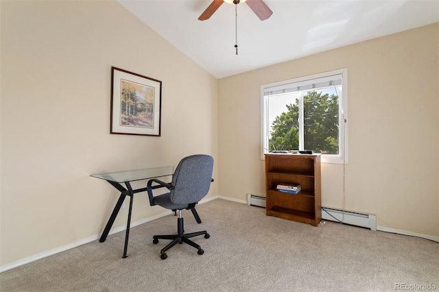 carpeted office featuring ceiling fan, a baseboard heating unit, and vaulted ceiling