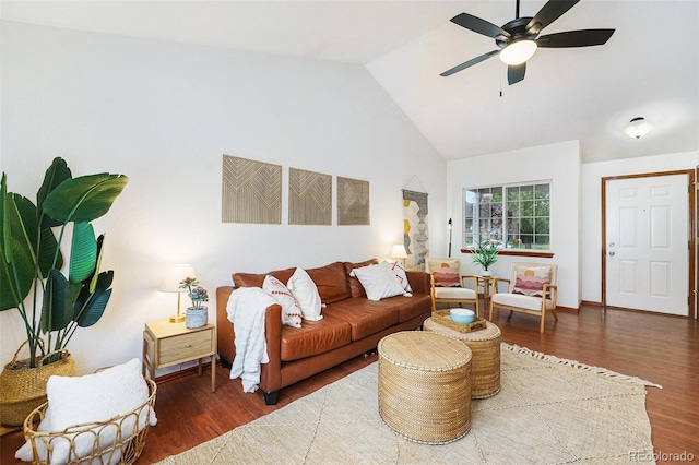 13504 Pecos St, Westminster, CO 80234 - living area featuring wood finished floors, a ceiling fan, and high vaulted ceiling