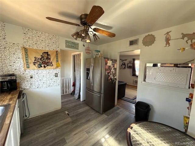 5162 W Nevada Pl, Denver, CO 80219 - kitchen with stainless steel fridge with ice dispenser, dark wood-style flooring, and a ceiling fan