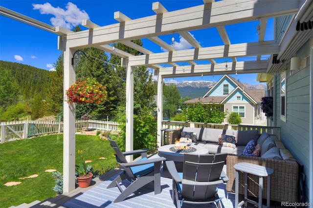 17 Meadow Lark Grn, Breckenridge, CO 80424 - view of patio / terrace featuring an outdoor living space with a fire pit, a pergola, and a mountain view