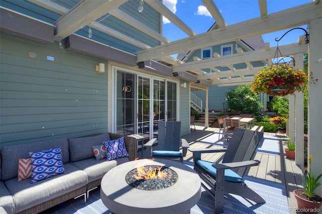 17 Meadow Lark Grn, Breckenridge, CO 80424 - view of patio with a wooden deck, an outdoor living space with a fire pit, a pergola, and stairs