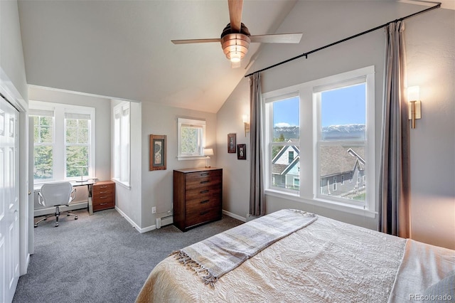 17 Meadow Lark Grn, Breckenridge, CO 80424 - carpeted bedroom with a baseboard heating unit, vaulted ceiling, an office area, and a ceiling fan