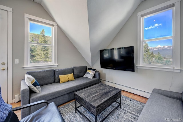 17 Meadow Lark Grn, Breckenridge, CO 80424 - living room with a baseboard heating unit, a baseboard radiator, vaulted ceiling, and wood finished floors