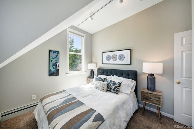 17 Meadow Lark Grn, Breckenridge, CO 80424 - bedroom with carpet floors, lofted ceiling, a baseboard heating unit, and rail lighting