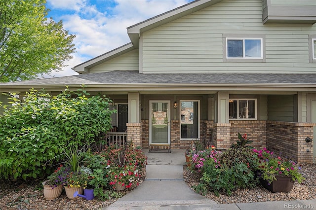 2900 Purcell St Unit 6, Brighton, CO 80601 - view of exterior entry with covered porch, brick siding, and roof with shingles