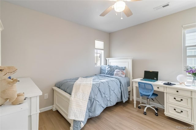 bedroom with visible vents, baseboards, a ceiling fan, and light wood finished floors