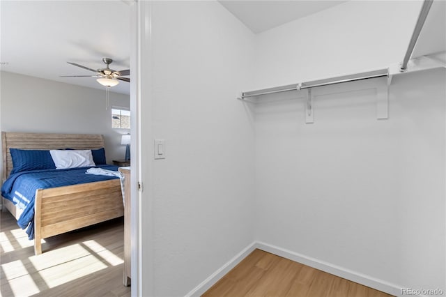 walk in closet featuring a ceiling fan and wood finished floors