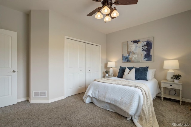 15580 Rigge Ct, Elbert, CO 80106 - bedroom with carpet flooring, a closet, baseboards, and ceiling fan