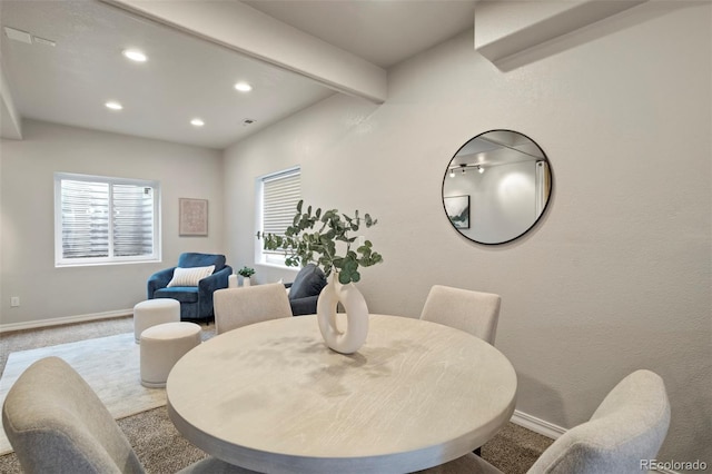 15580 Rigge Ct, Elbert, CO 80106 - carpeted dining space with baseboards, recessed lighting, and beamed ceiling