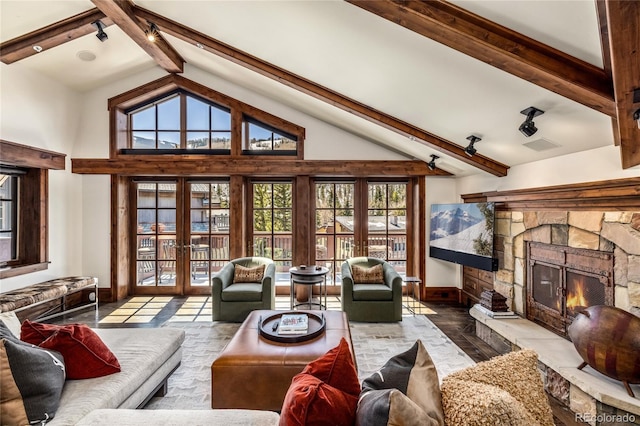 living area featuring high vaulted ceiling, french doors, a fireplace, baseboards, and beam ceiling