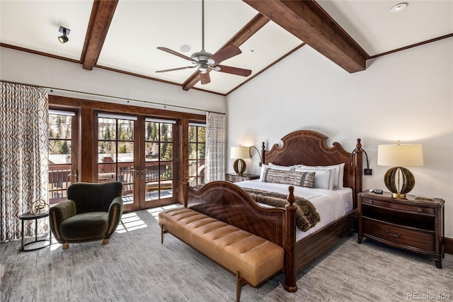 bedroom featuring wood finished floors, access to outside, french doors, and vaulted ceiling with beams