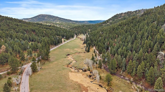 drone / aerial view featuring a mountain view and a forest view