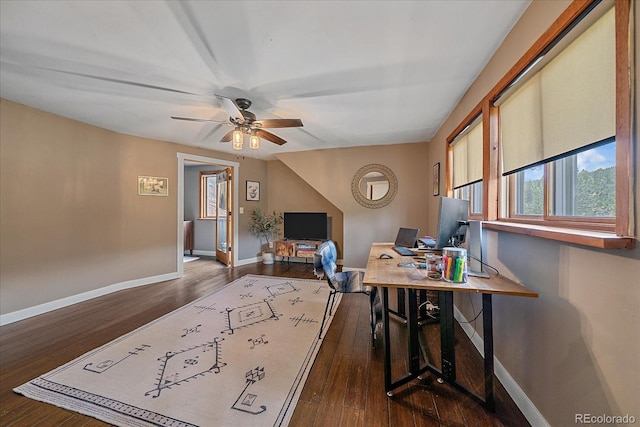 office with baseboards, ceiling fan, and wood finished floors
