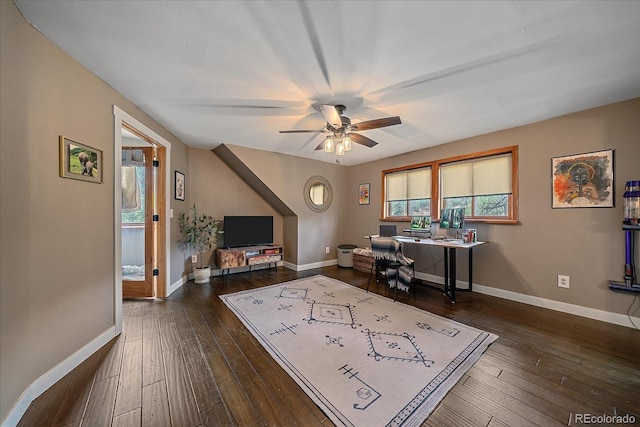 office area featuring wood-type flooring, baseboards, and ceiling fan