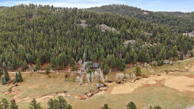 bird's eye view with a wooded view