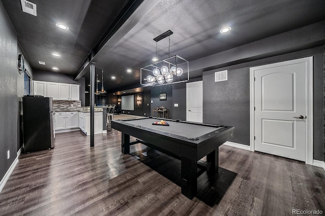 14589 Hagus Pl, Parker, CO 80134 - rec room featuring a textured wall, billiards, dark wood-style floors, baseboards, and recessed lighting