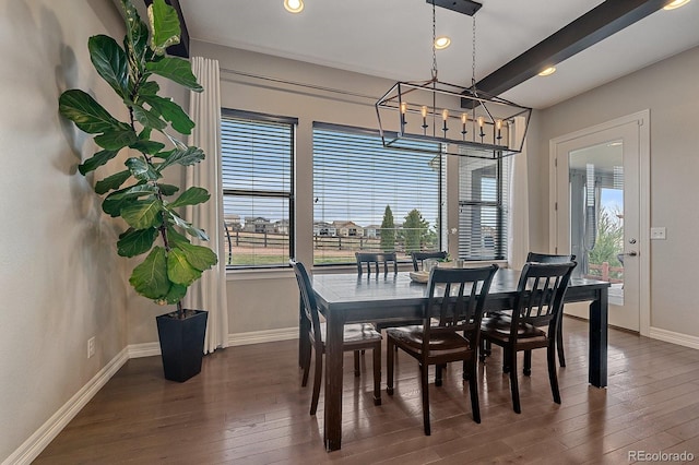 14589 Hagus Pl, Parker, CO 80134 - dining area featuring a chandelier, dark wood-style floors, baseboards, recessed lighting, and beamed ceiling