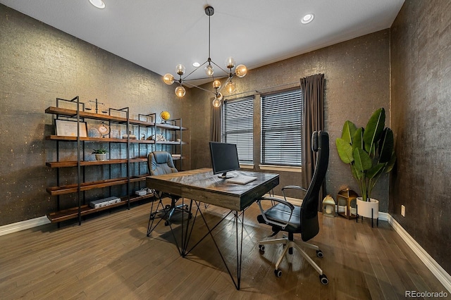 14589 Hagus Pl, Parker, CO 80134 - office space with wood-type flooring, a chandelier, recessed lighting, and baseboards