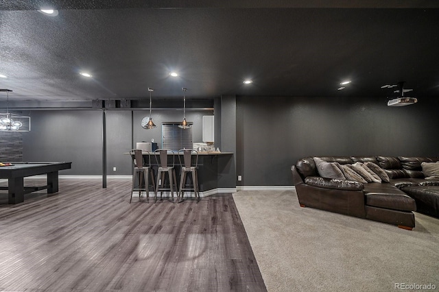 14589 Hagus Pl, Parker, CO 80134 - home theater featuring a dry bar, baseboards, pool table, wood finished floors, and recessed lighting