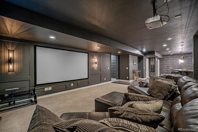 14589 Hagus Pl, Parker, CO 80134 - carpeted home theater room featuring baseboards, recessed lighting, and a textured ceiling