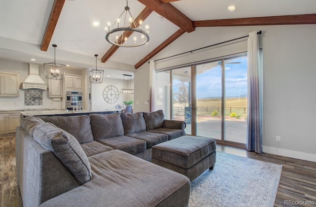 living room with vaulted ceiling with beams, a chandelier, and hardwood / wood-style floors