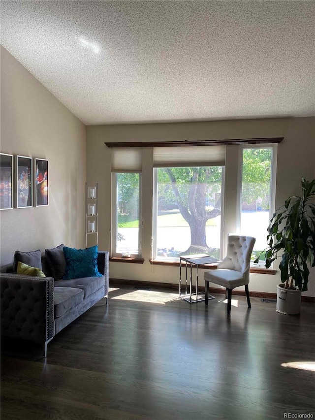 living area with dark wood-style floors, a textured ceiling, and baseboards