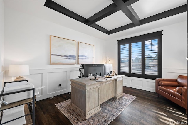 office space with dark wood-style floors, beam ceiling, coffered ceiling, and a decorative wall