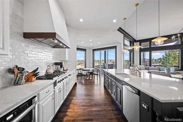 kitchen with stainless steel appliances, dark wood-style flooring, a sink, decorative backsplash, and custom range hood