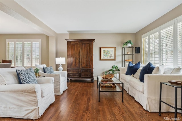 living room with dark wood finished floors