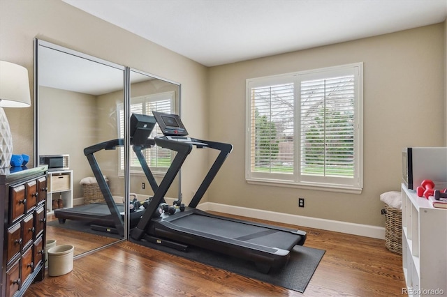 workout room with baseboards, a wealth of natural light, and wood finished floors