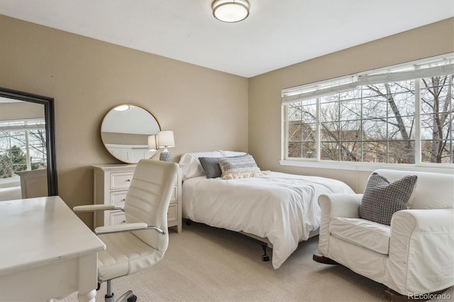bedroom with light colored carpet