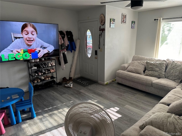 living room with hardwood / wood-style flooring and ceiling fan