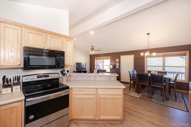 kitchen featuring stainless steel electric range oven, lofted ceiling with beams, kitchen peninsula, light brown cabinets, and light wood-type flooring