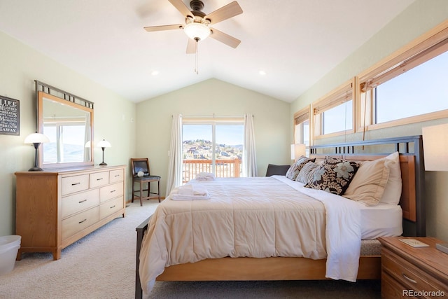 bedroom with lofted ceiling, access to exterior, multiple windows, and light colored carpet