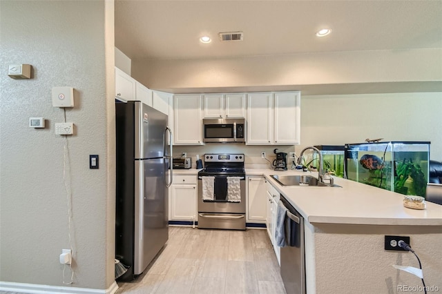 kitchen featuring light wood-type flooring, sink, kitchen peninsula, white cabinetry, and appliances with stainless steel finishes