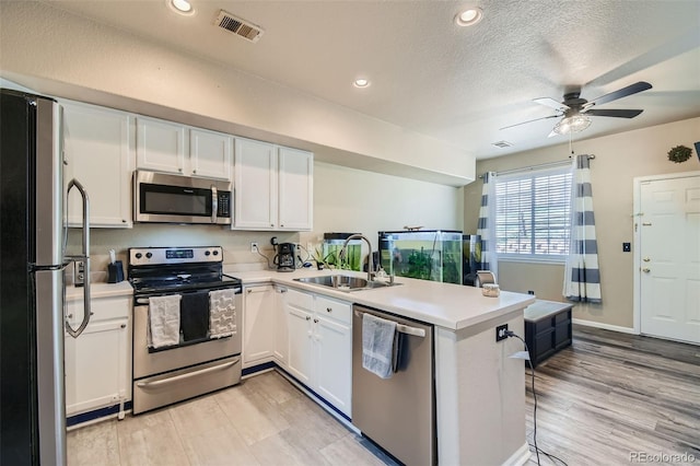 kitchen featuring white cabinets, sink, appliances with stainless steel finishes, and kitchen peninsula