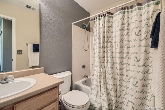 full bathroom featuring toilet, vanity, and shower / bathtub combination with curtain