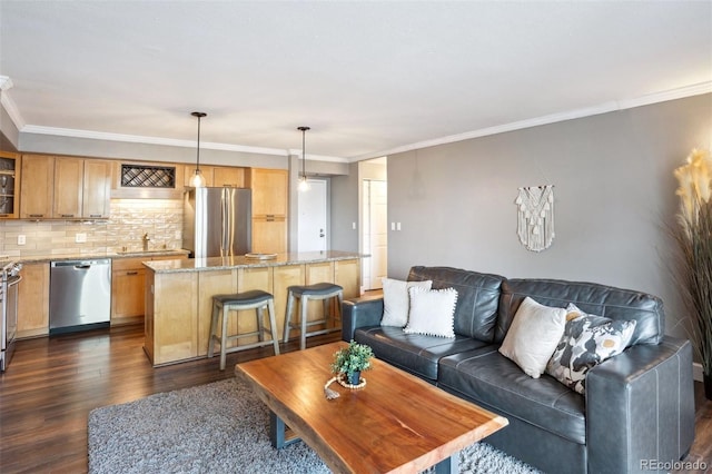 living room featuring crown molding, sink, and dark wood-type flooring