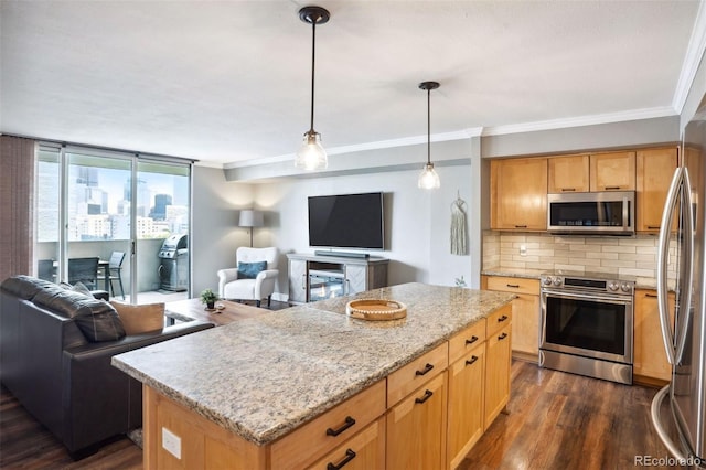 kitchen with dark wood-type flooring, stainless steel appliances, pendant lighting, decorative backsplash, and a kitchen island