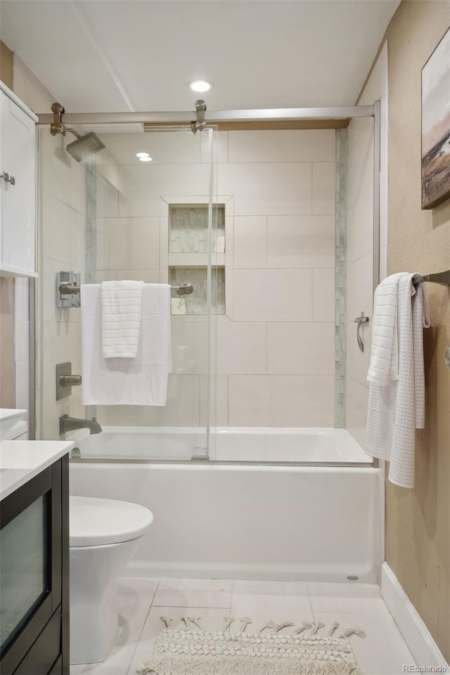 full bathroom featuring vanity, toilet, and enclosed tub / shower combo