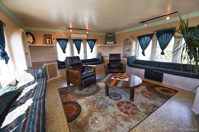 living room with ornamental molding, a wall mounted air conditioner, and track lighting