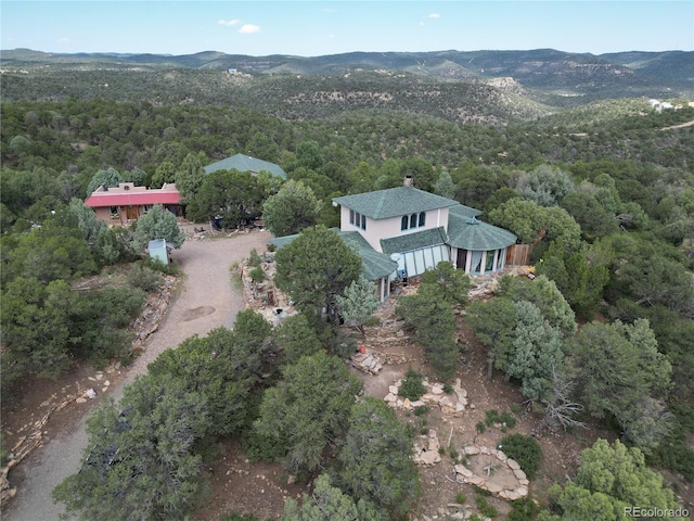 drone / aerial view featuring a mountain view